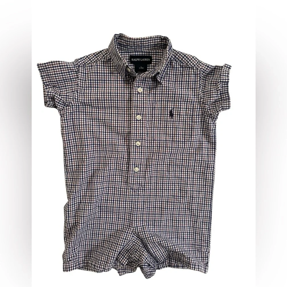 Ralph Lauren Baby Boy Romper Gingham Plaid Blue Button Down Shortall 12-18 M